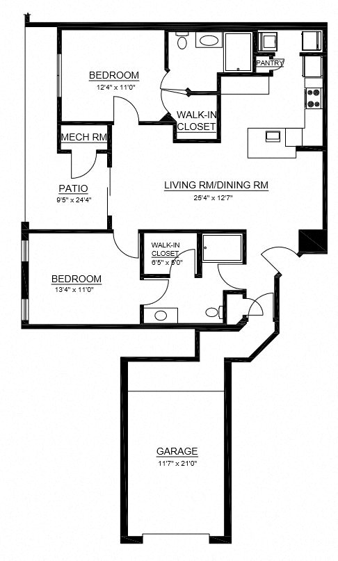 Floor plan for 2 beds, 2 baths, 1612 sqft